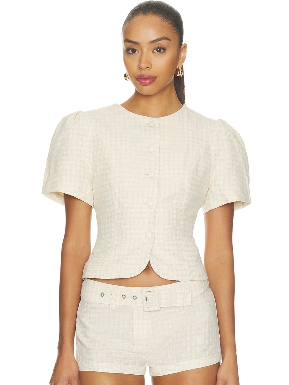 REVOLVE Cream Short Sleeve Button Front Top with Subtle Plaid